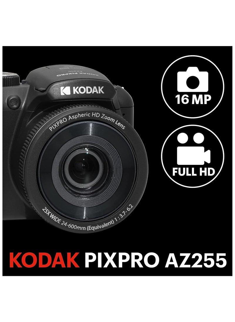 KODAK PIXPRO AZ255-BK 16MP Digital Camera 25X Optical Zoom 24mm Wide Angle Lens Optical Image Stabilization 1080P Full HD Video 3