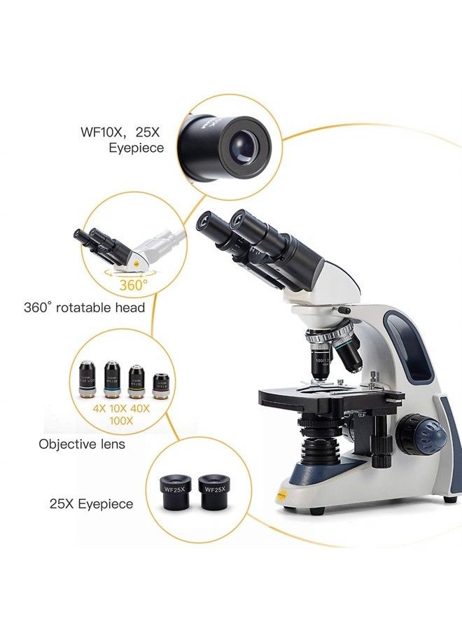 Swift SW380B 40X-2500X Magnification, Siedentopf Head, Research-Grade Binocular Compound Lab Microscope with Wide-Field 10X and 25X Eyepieces, Mechanical Stage, Ultra-Precise Focusing