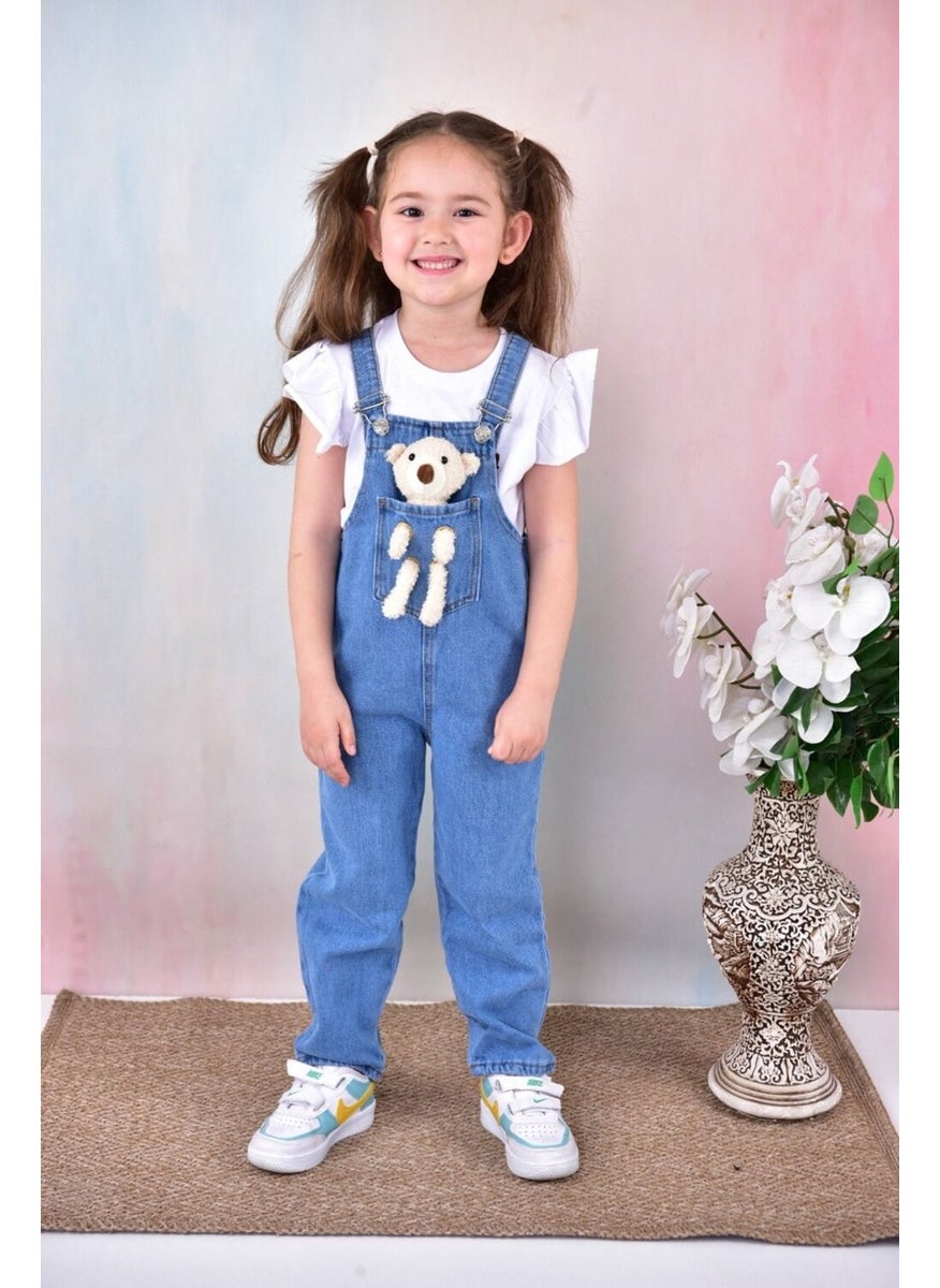 Girl Jeans Overalls-With Plush Bear-2-13 Years 0095