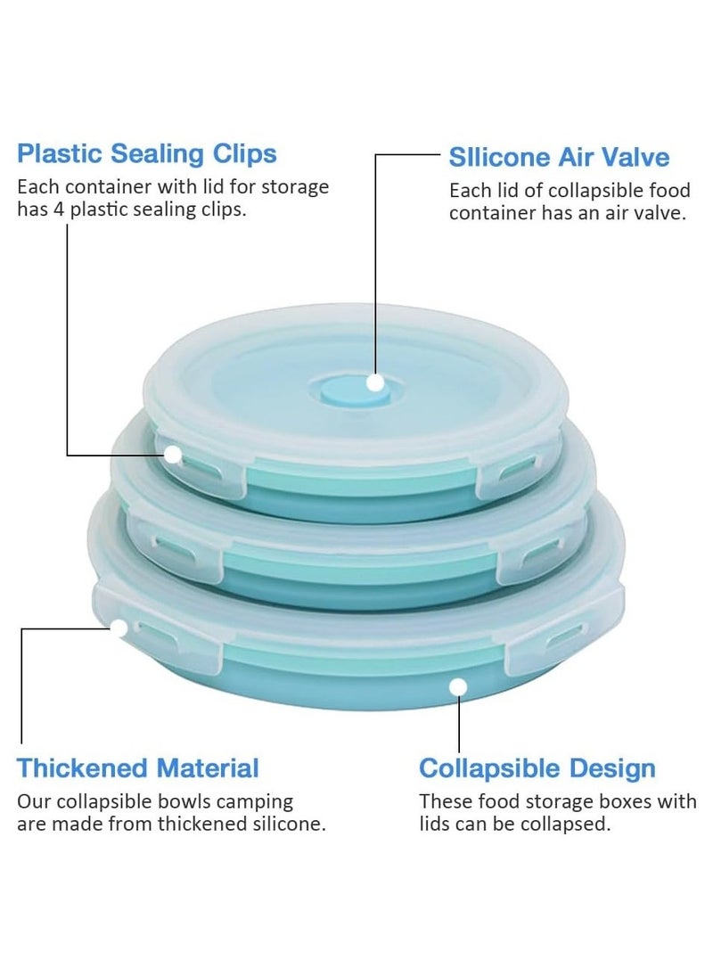 3PCS Collapsible Silicone Food Storage Containers, Thickened Round Camping Bowls (500ml, 800ml, 1200ml), Stackable Vegetable Saver for Refrigerator and Outdoor Use.