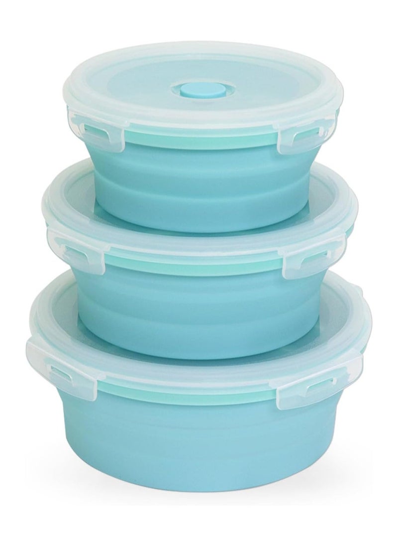 3PCS Collapsible Silicone Food Storage Containers, Thickened Round Camping Bowls (500ml, 800ml, 1200ml), Stackable Vegetable Saver for Refrigerator and Outdoor Use.