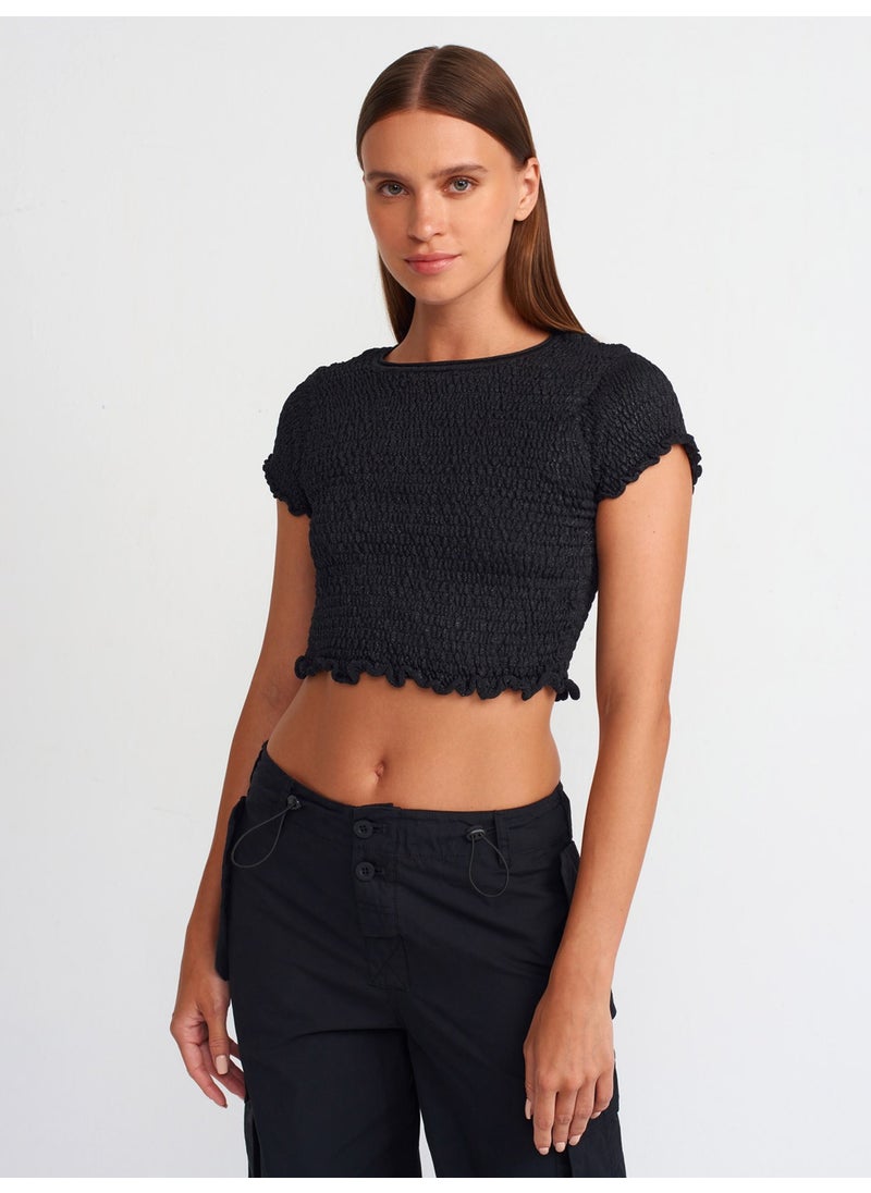 10554 Crew Neck Fluffy Textured Knitwear Blouse-Black