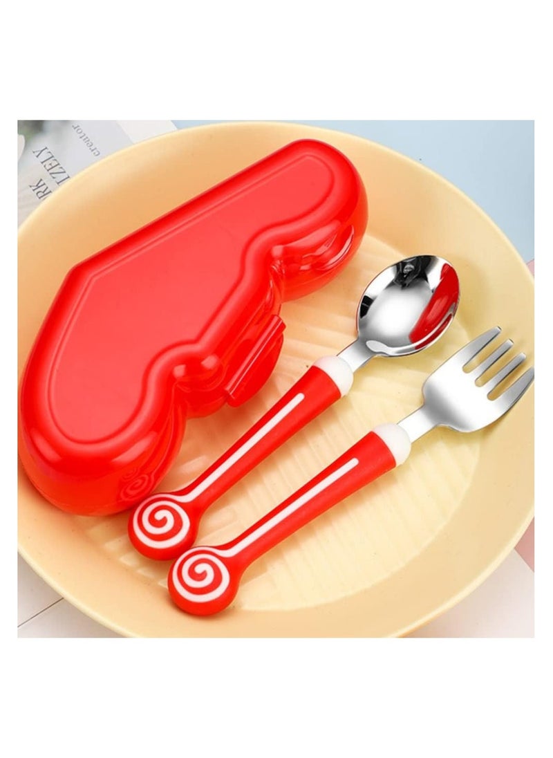 Baby Fork and Spoon Set, Toddler Stainless Steel Spoon Self Feeding Silverware with Food-Grade Silicone Grip and Case, Kids and Toddler Utensil Set - Lollipop, Red