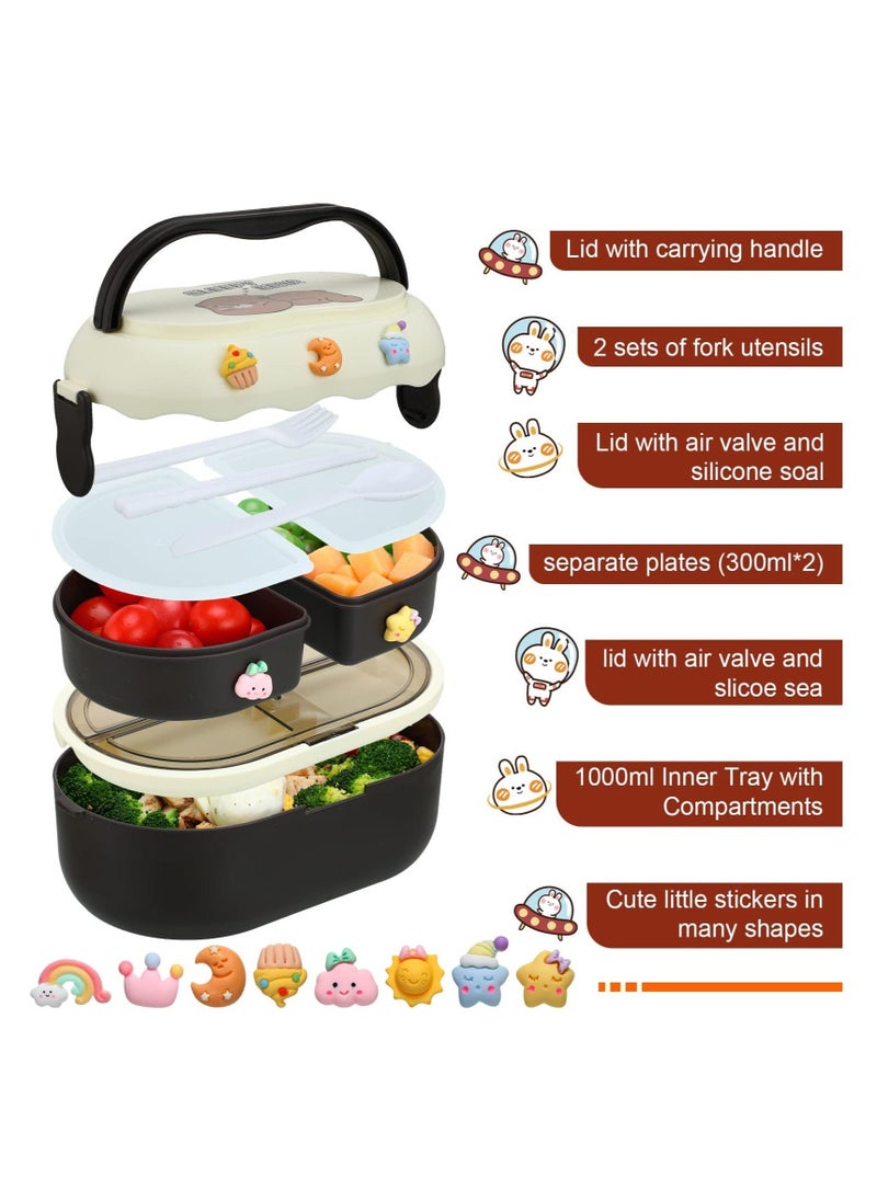 2 -Piece Kawaii Bento Box Leakproof Stackable Lunch Container With 3 Compartments Portable Preschool Lunch Box Container With Handle Microwave Safe Lunchbox Snack Food Box With Stickers