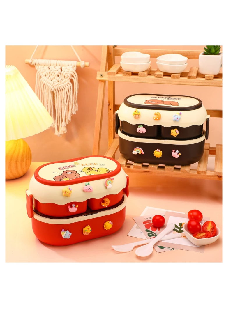 2 -Piece Kawaii Bento Box Leakproof Stackable Lunch Container With 3 Compartments Portable Preschool Lunch Box Container With Handle Microwave Safe Lunchbox Snack Food Box With Stickers