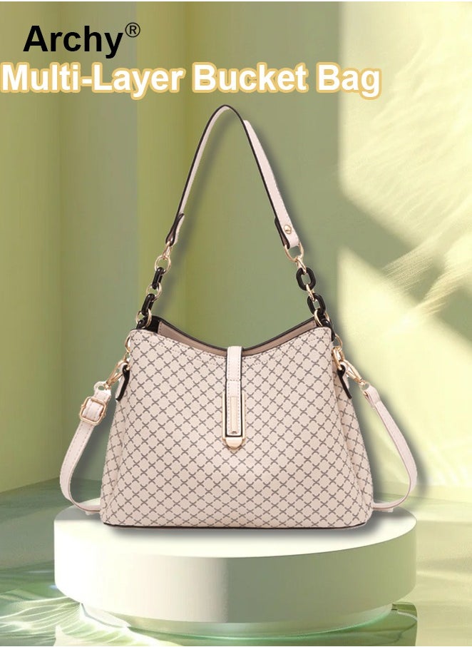 Fashion-forward PU Leather Handbag for Women Elegant Shoulder Bag Quilted Patterned Crossbody Bag Vintage Magnetic Multi-Layer Bucket Bag All-match Style for Ladies/Mother