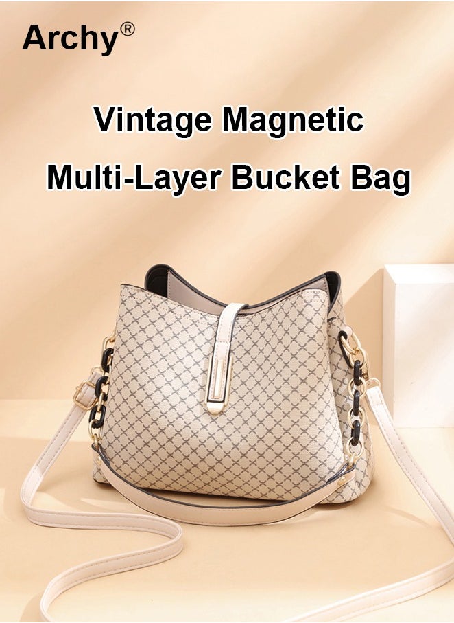 Fashion-forward PU Leather Handbag for Women Elegant Shoulder Bag Quilted Patterned Crossbody Bag Vintage Magnetic Multi-Layer Bucket Bag All-match Style for Ladies/Mother