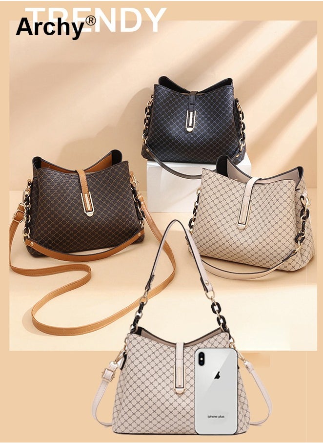 Fashion-forward PU Leather Handbag for Women Elegant Shoulder Bag Quilted Patterned Crossbody Bag Vintage Magnetic Multi-Layer Bucket Bag All-match Style for Ladies/Mother