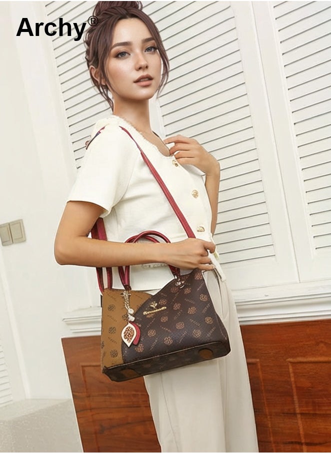Classic Vintage Textured Handbag for Women Pendant Decor Trendy Large Capacity Shoulder Bag