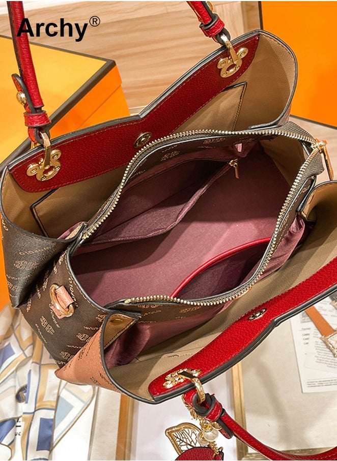 Classic Vintage Textured Handbag for Women Pendant Decor Trendy Large Capacity Shoulder Bag