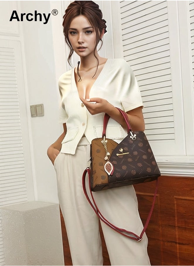 Classic Vintage Textured Handbag for Women Pendant Decor Trendy Large Capacity Shoulder Bag
