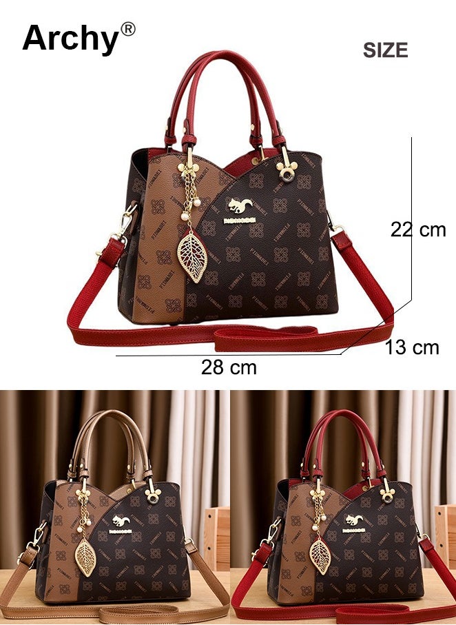 Classic Vintage Textured Handbag for Women Pendant Decor Trendy Large Capacity Shoulder Bag