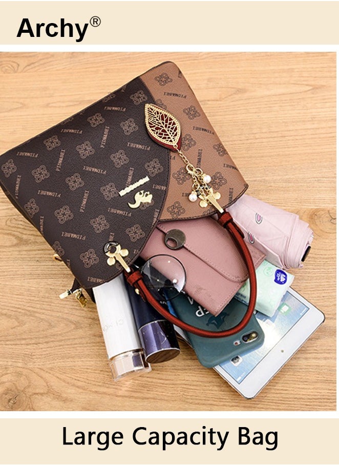 Classic Vintage Textured Handbag for Women Pendant Decor Trendy Large Capacity Shoulder Bag