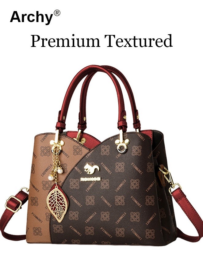 Classic Vintage Textured Handbag for Women Pendant Decor Trendy Large Capacity Shoulder Bag