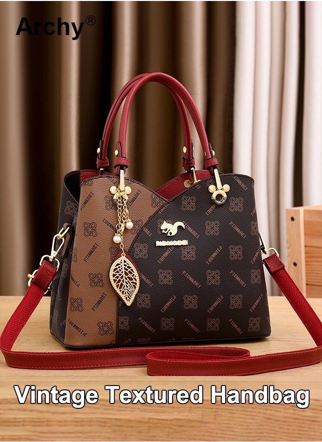 Classic Vintage Textured Handbag for Women Pendant Decor Trendy Large Capacity Shoulder Bag