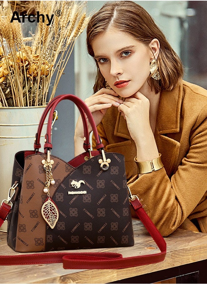 Classic Vintage Textured Handbag for Women Pendant Decor Trendy Large Capacity Shoulder Bag