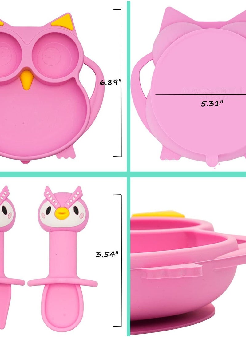 Suction Plate for Baby, Silicone Divided Plates with Suction, Toddler Baby Spoon Fork Plate Set, Perfect Baby Dishes with Kids Plates, Pink Owl Design