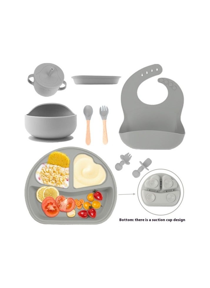 Zhouhuan3 Shop Children's Sofra Set Complementary bowl spoon silicone dinner plate eight pieces of children's product Colour:Gray