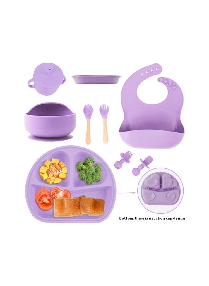 Zhouhuan3 Shop Children's Sofra Set Complementary bowl spoon silicone dinner plate eight pieces of children's product Colour:Purple