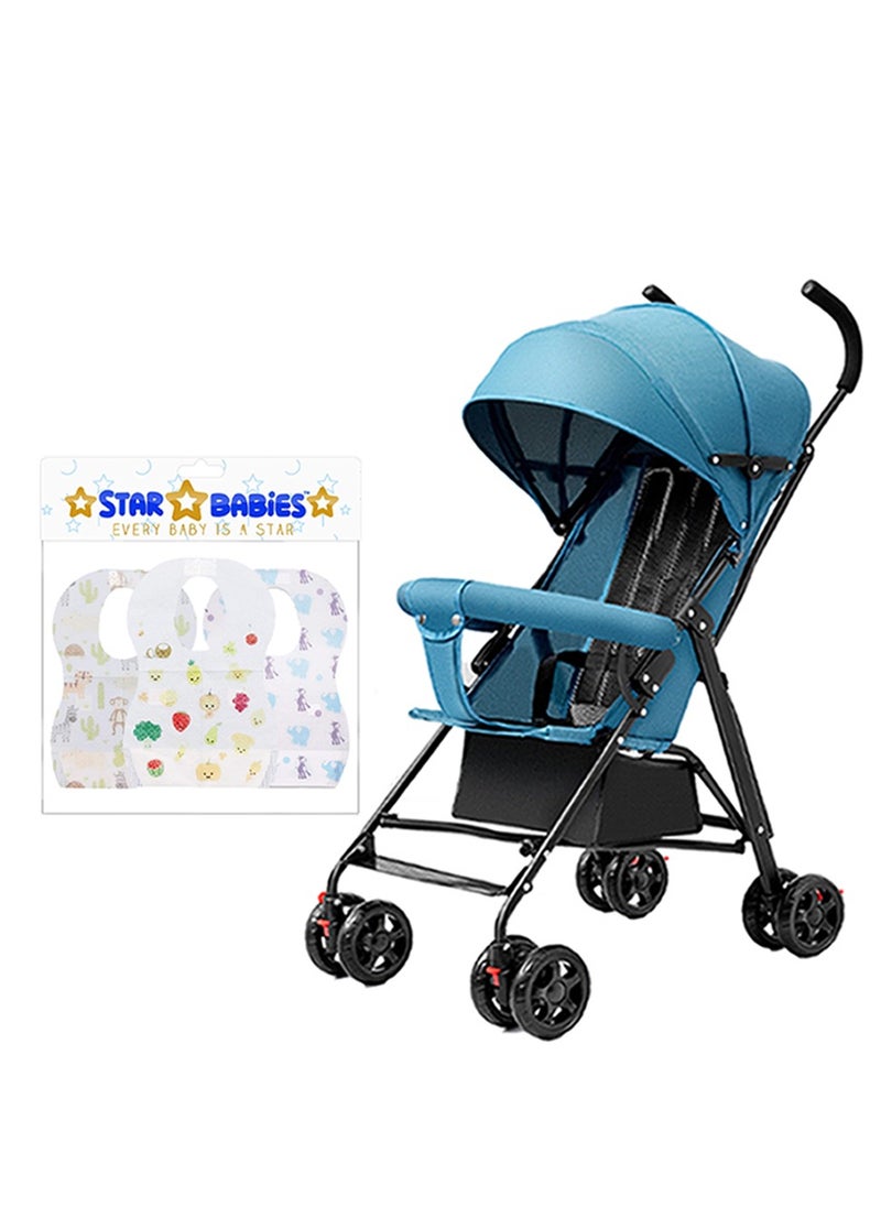 Star Babies - Buy 1 Get 1 (Lightweight Portable Infant Stroller W/ Compact Fold with Free 25pcs Disposable Bibs- Blue