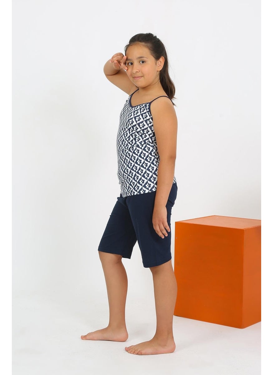 Girl's Combed Cotton Navy Blue Pajama Set with Rope Strap Shorts 20430