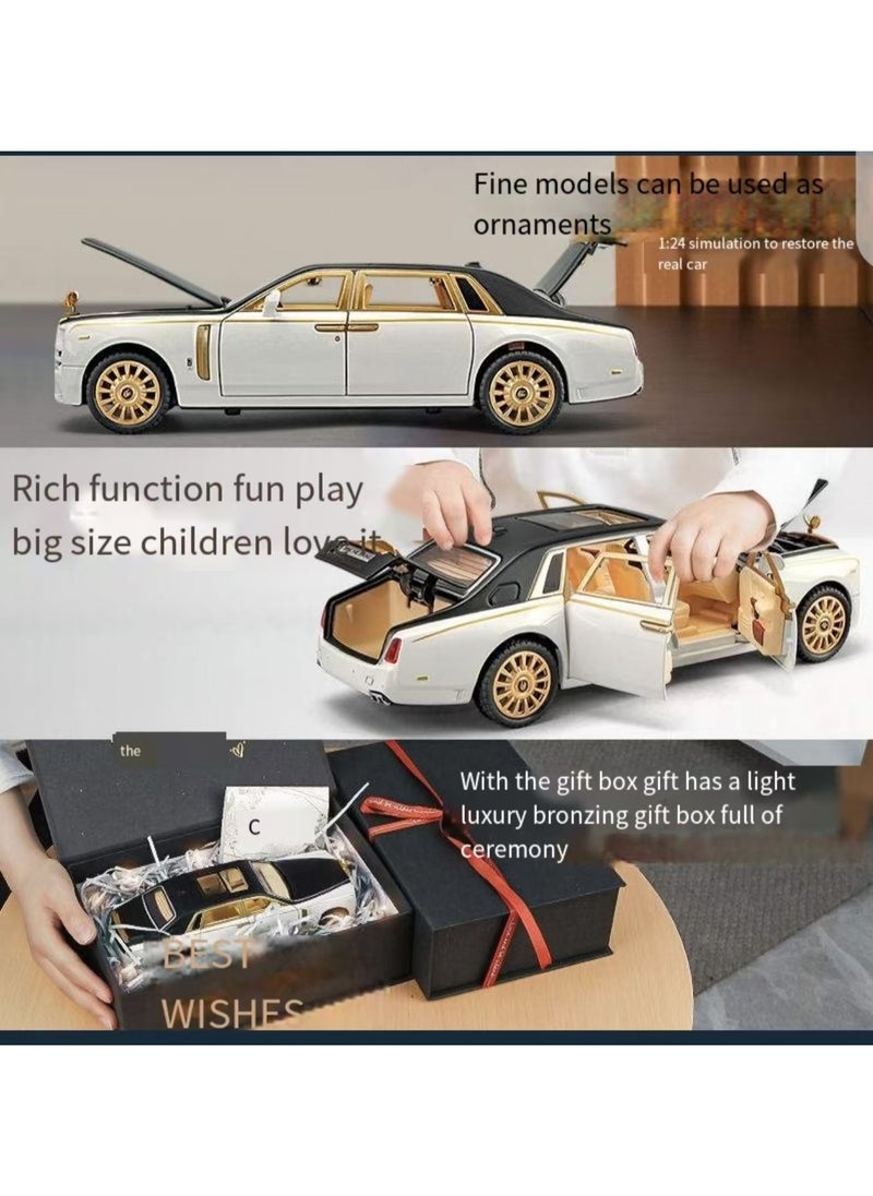 Exquisite car model 1/24 Rolls Royce Phantom model car, zinc alloy regenerative toy car with sound and light, suitable for children, boys and girls as gifts. (White)