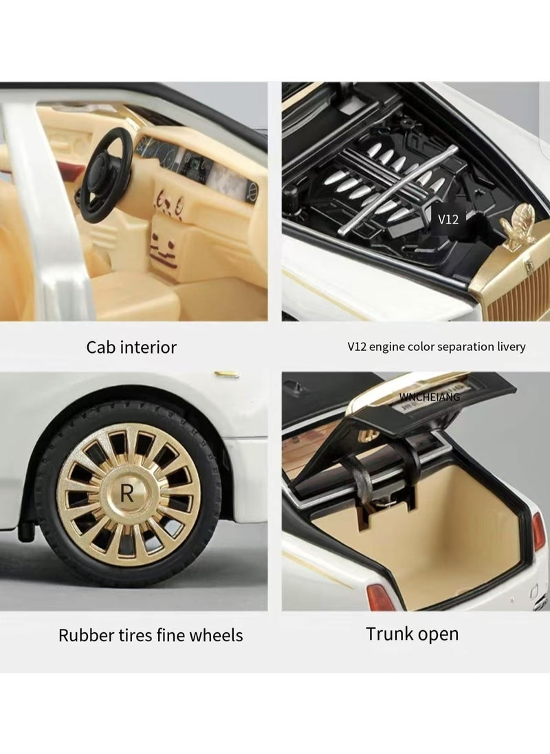 Exquisite car model 1/24 Rolls Royce Phantom model car, zinc alloy regenerative toy car with sound and light, suitable for children, boys and girls as gifts. (White)