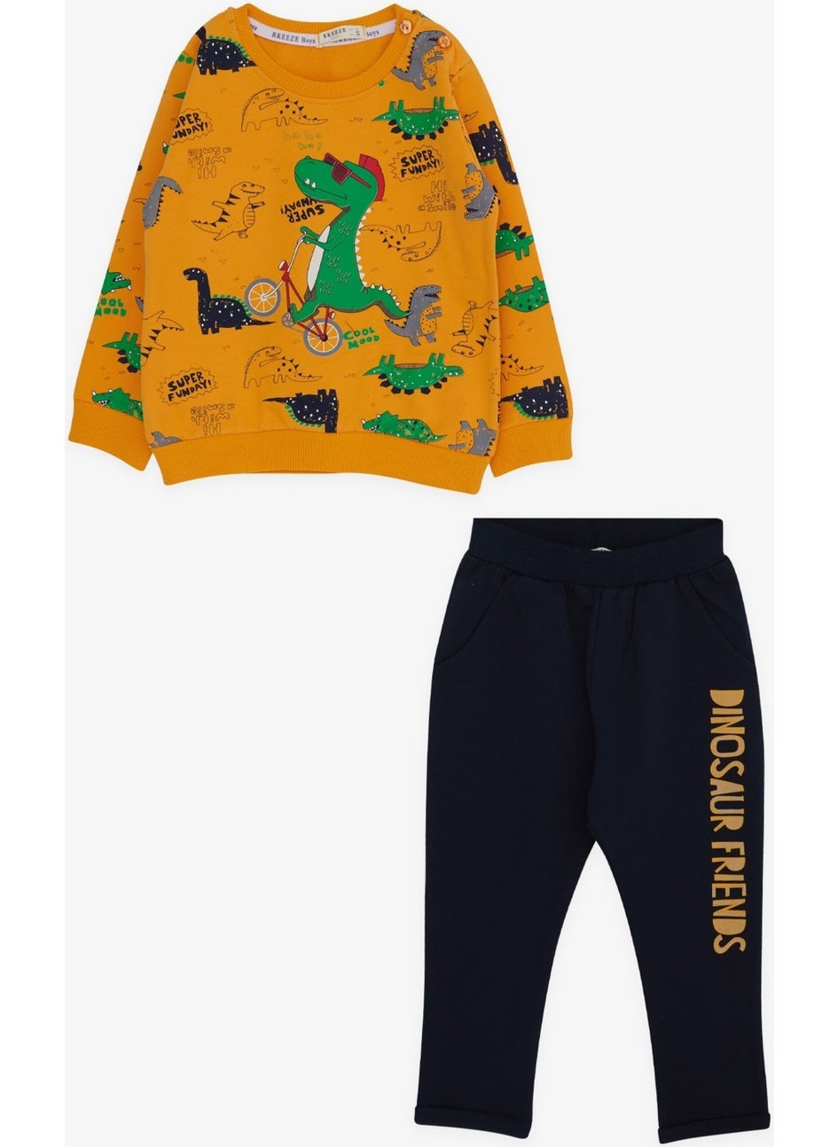 Baby Boy Tracksuit Set Dinosaur Printed 9 Months-3 Years, Mustard Yellow