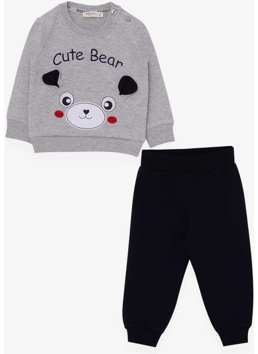 Baby Boy Tracksuit Set With Bear Embroidery Gray (9 Months-3 Years)