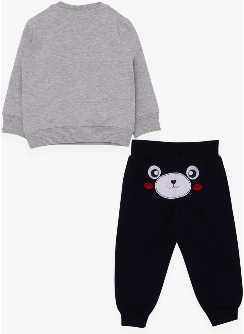 Baby Boy Tracksuit Set With Bear Embroidery Gray (9 Months-3 Years)