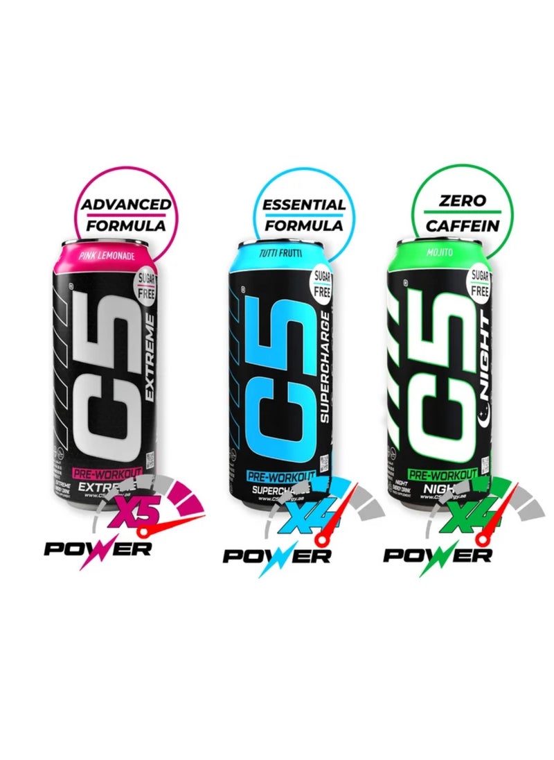 C5 Energy Drink Supercharge, Pre-Workout, 200mg Caffeine, Sugar Free, Zero Calories with Beta Alanine, L-Arginine 16fl.OZ, 473ml - Full Box 12 Cans, Strawberry Kiwi