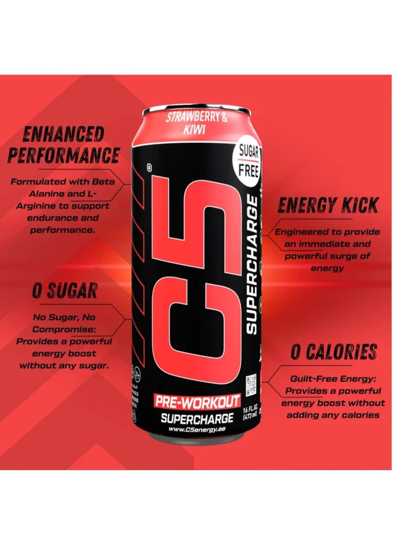 C5 Energy Drink Supercharge, Pre-Workout, 200mg Caffeine, Sugar Free, Zero Calories with Beta Alanine, L-Arginine 16fl.OZ, 473ml - Full Box 12 Cans, Strawberry Kiwi