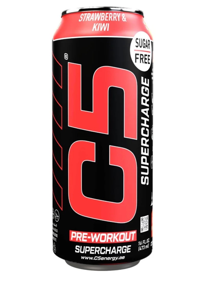 C5 Energy Drink Supercharge, Pre-Workout, 200mg Caffeine, Sugar Free, Zero Calories with Beta Alanine, L-Arginine 16fl.OZ, 473ml - Full Box 12 Cans, Strawberry Kiwi