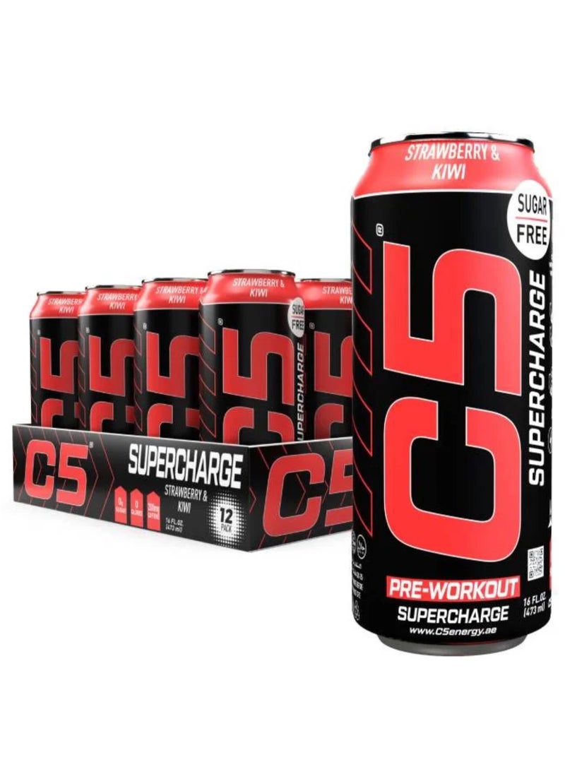 C5 Energy Drink Supercharge, Pre-Workout, 200mg Caffeine, Sugar Free, Zero Calories with Beta Alanine, L-Arginine 16fl.OZ, 473ml - Full Box 12 Cans, Strawberry Kiwi