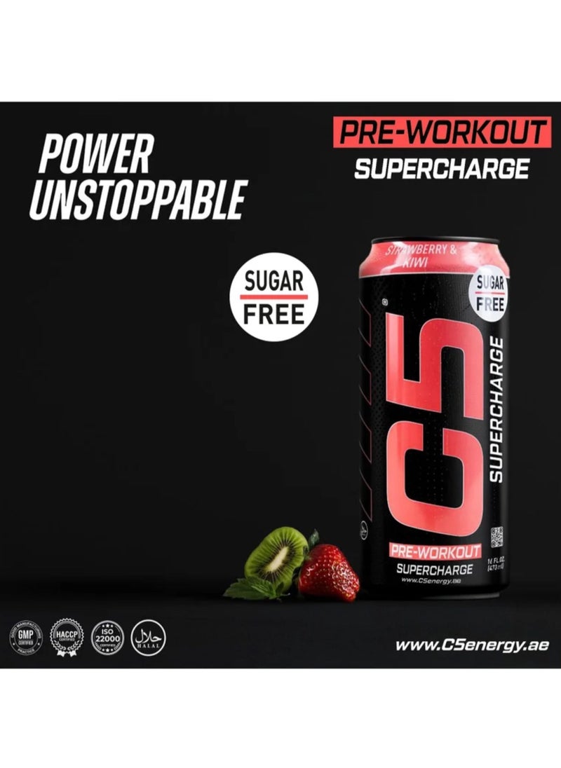 C5 Energy Drink Supercharge, Pre-Workout, 200mg Caffeine, Sugar Free, Zero Calories with Beta Alanine, L-Arginine 16fl.OZ, 473ml - Full Box 12 Cans, Strawberry Kiwi