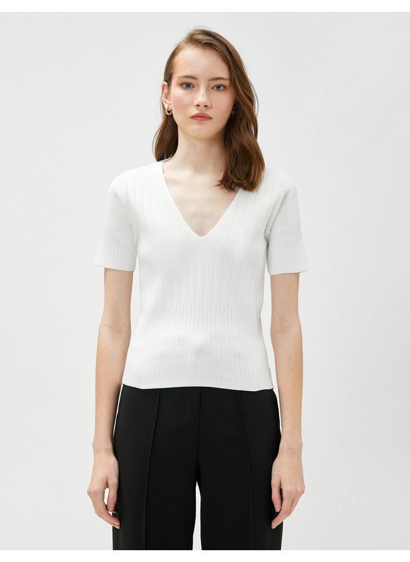 Short Sleeve Sweater V-Neck Ribbed