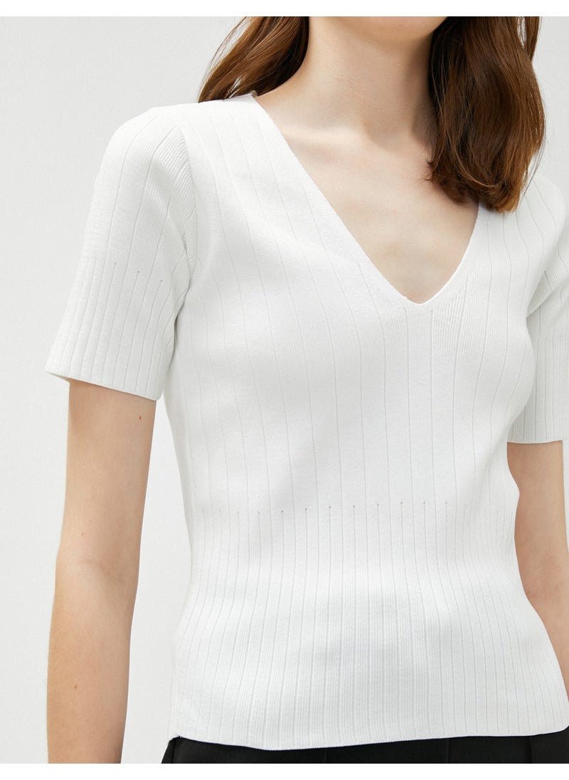 Short Sleeve Sweater V-Neck Ribbed