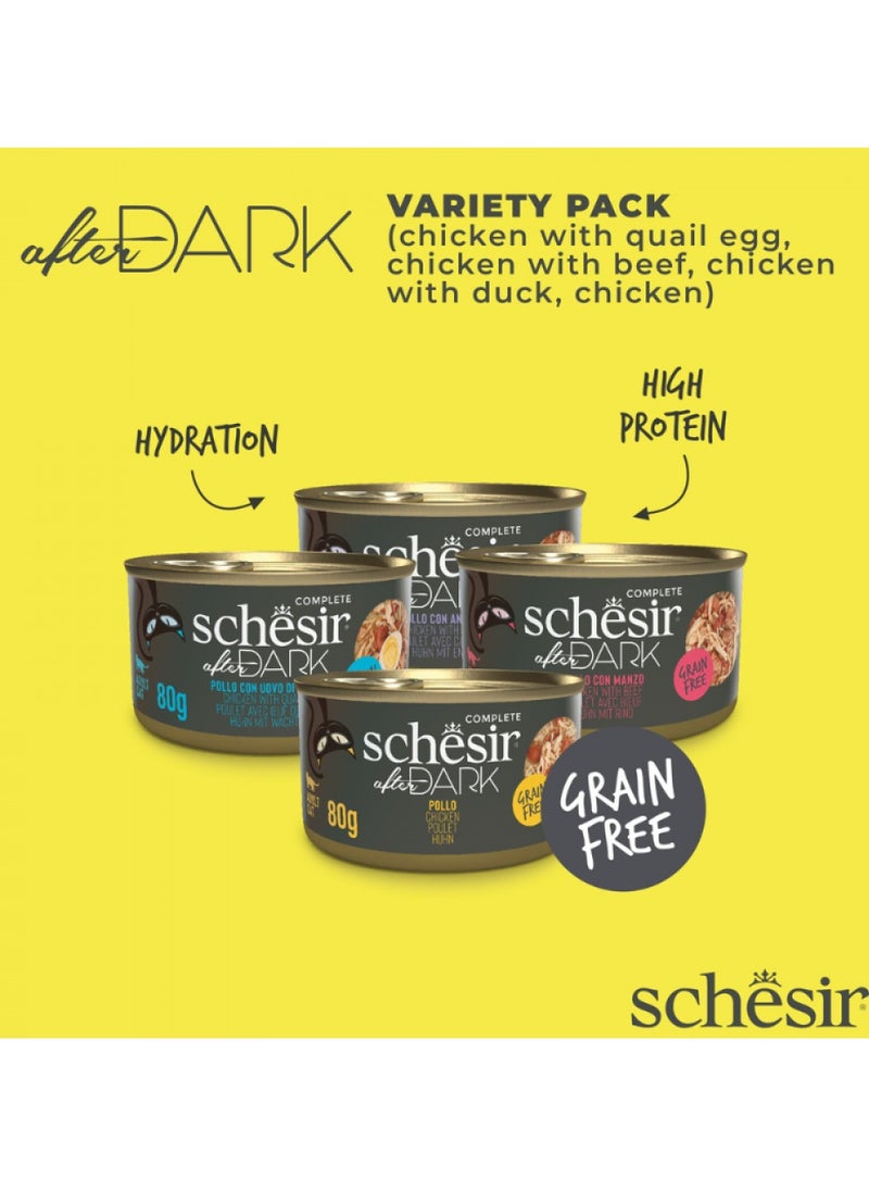 Schesir, After Dark Wholefood In Broth Variety Pack, For Cat 960g in 80g x12 Cans - 4 Flavors x 3 Cans Each Flavor,