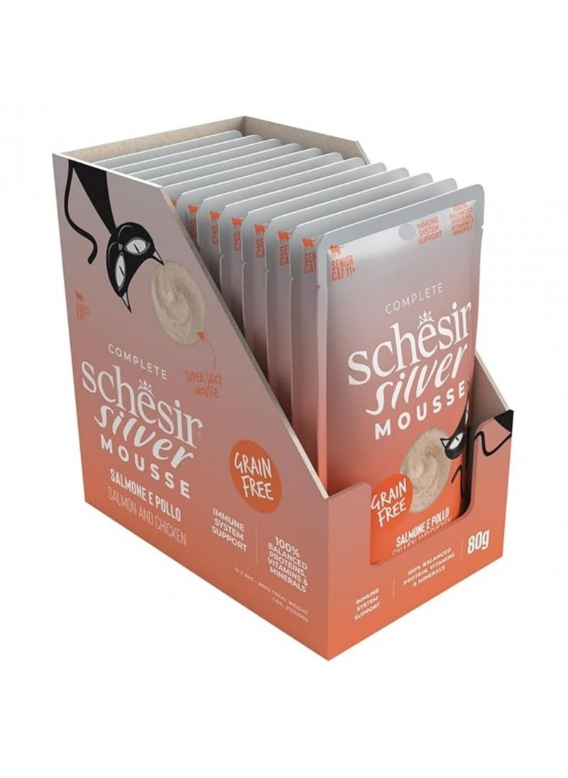 Schesir, Silver Mousse For Senior Cat - Salmon And Chicken - 80g X 12Cans - 1BOX