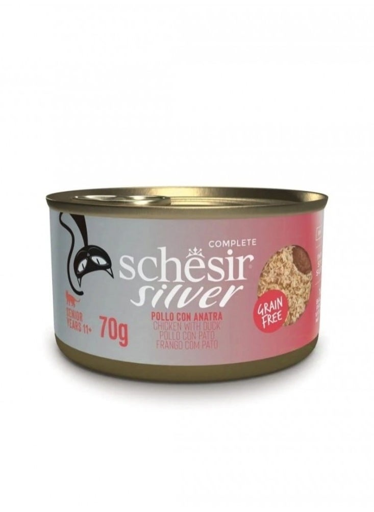 Schesir, Silver Mousse & Fillets Senior, Cat Wholefood - Chicken With Duck - 70g X 12cans in 1BOX