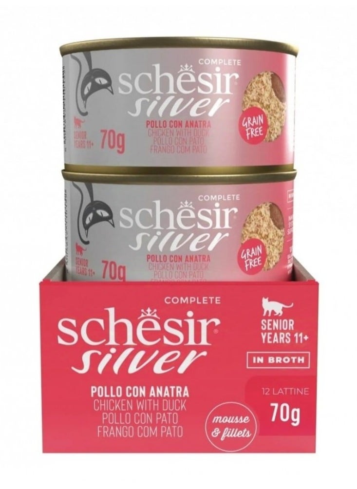 Schesir, Silver Mousse & Fillets Senior, Cat Wholefood - Chicken With Duck - 70g X 12cans in 1BOX