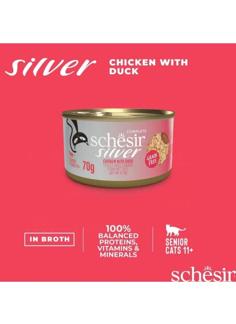 Schesir, Silver Mousse & Fillets Senior, Cat Wholefood - Chicken With Duck - 70g X 12cans in 1BOX