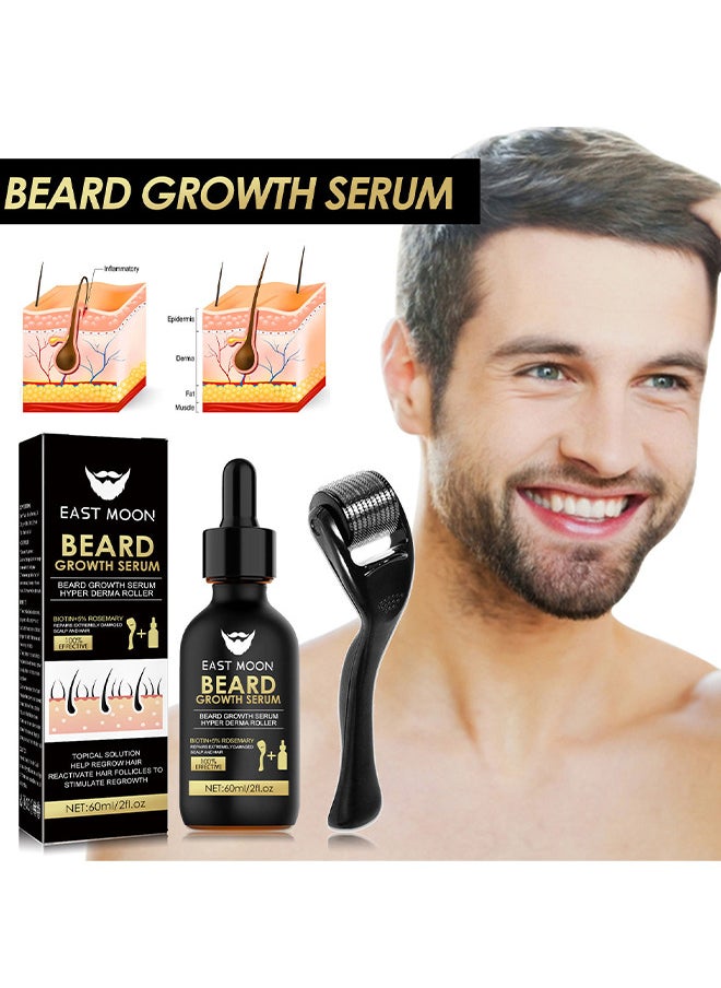 Beard Growth Serum Hyper Derma Roller, Men Rosemary Oil Moustache Growth Enhancer ​Anti Hair Loss Care Serum With Beard Rolle 60ML