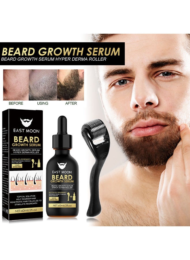 Beard Growth Serum Hyper Derma Roller, Men Rosemary Oil Moustache Growth Enhancer ​Anti Hair Loss Care Serum With Beard Rolle 60ML