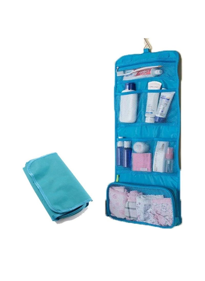 Waterproof Spacious Portable Travel Storage Bags Multiple Pockets Large Capacity Folding Toiletry Bags Organizer Outdoor/Home Makeup Cosmetic Bags with Flexible Hanging Hook (Blue)