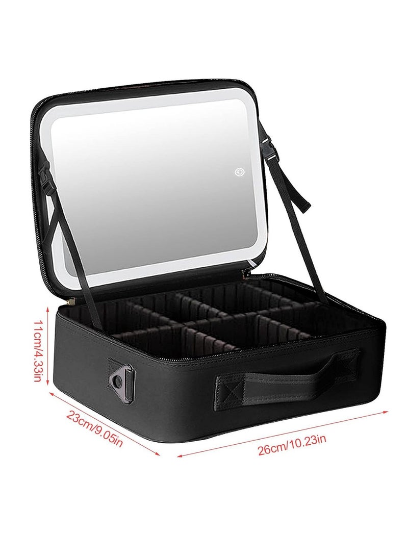 Make Up Bag with Illuminated Mirror, Makeup Bag with Mirror and Light, Cosmetic Bag Portable with Adjustable Dividers, PU Leather Waterproof Cosmetic Case for On the Go