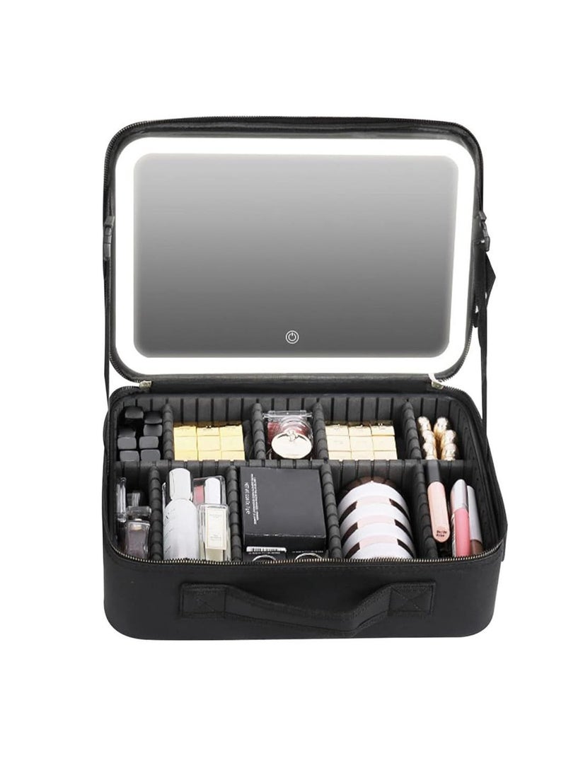 Make Up Bag with Illuminated Mirror, Makeup Bag with Mirror and Light, Cosmetic Bag Portable with Adjustable Dividers, PU Leather Waterproof Cosmetic Case for On the Go