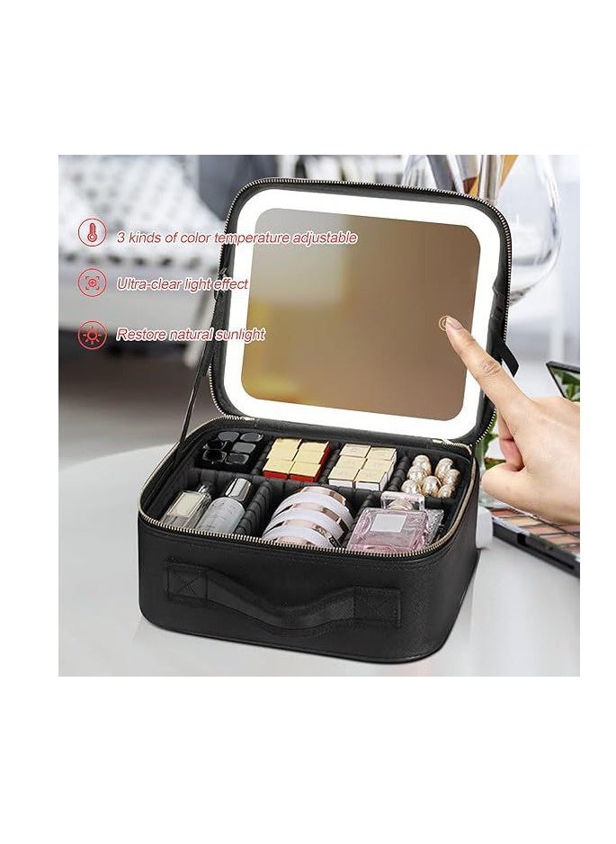 Make Up Bag with Illuminated Mirror, Makeup Bag with Mirror and Light, Cosmetic Bag Portable with Adjustable Dividers, PU Leather Waterproof Cosmetic Case for On the Go