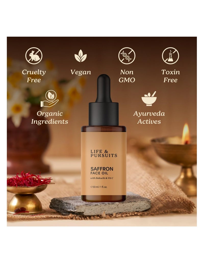 Life & Pursuits Saffron Face Oil 1 Fl Oz with Kashmir Saffron, Bakuchi, Vitamin C for Face Brightening, Moisturizing, Dark Spots, Fine Lines, Wrinkles. Lightweight Daily Face Massage oil | Anti-Aging