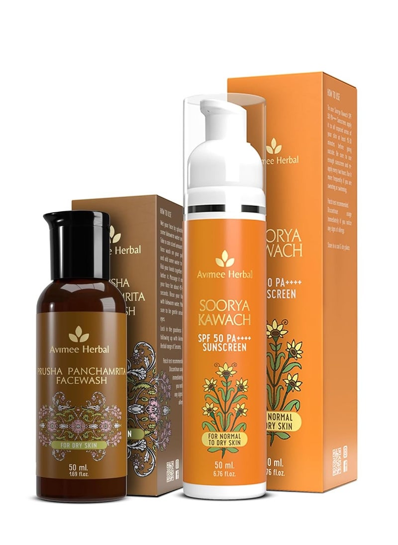 Skin Care Combo - Prusha Panchamrita Facewash, 50 ml - Soorya Kawach Sunscreen, 50ml - Super Saver Pack